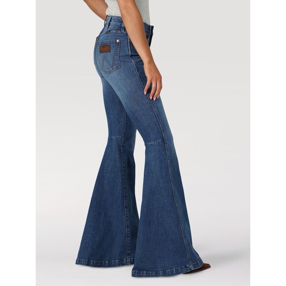 Wrangler Womens Retro High Rise Flare Denim Jeans Dark Blue Stretch Trumpet - Picture 6 of 14